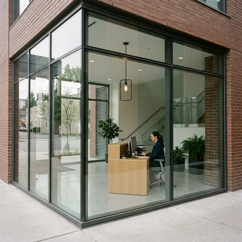 Office lobby seen through the front glass, reception desk and pendant light