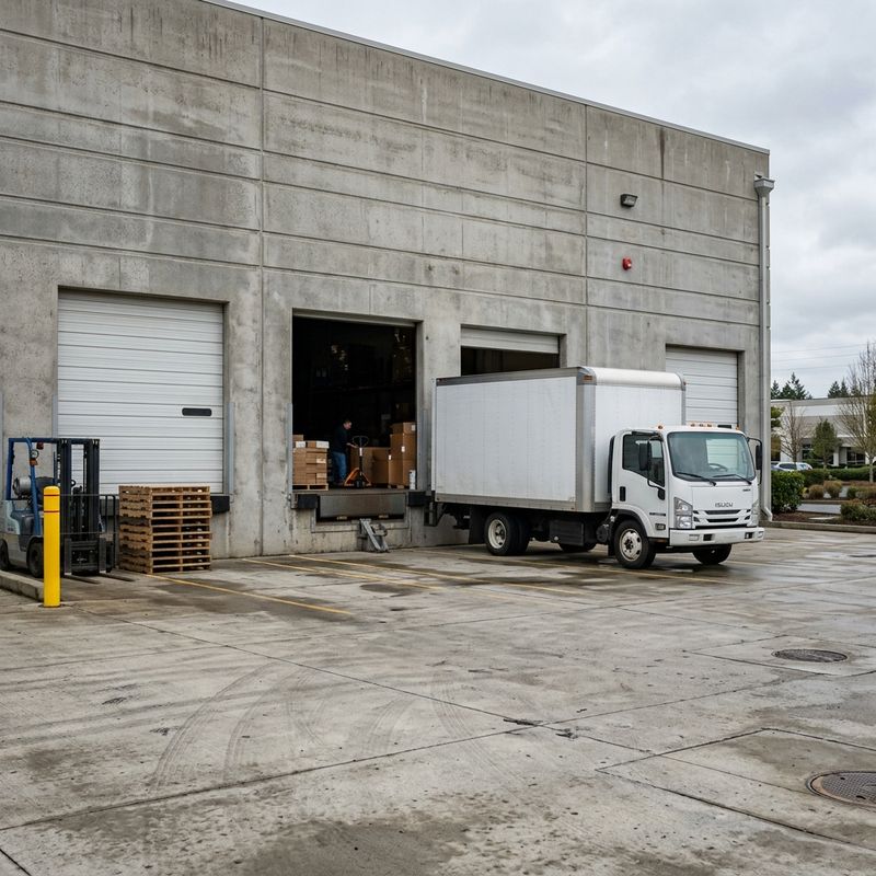 Tilt-wall warehouse dock with three roll-up doors and a box truck